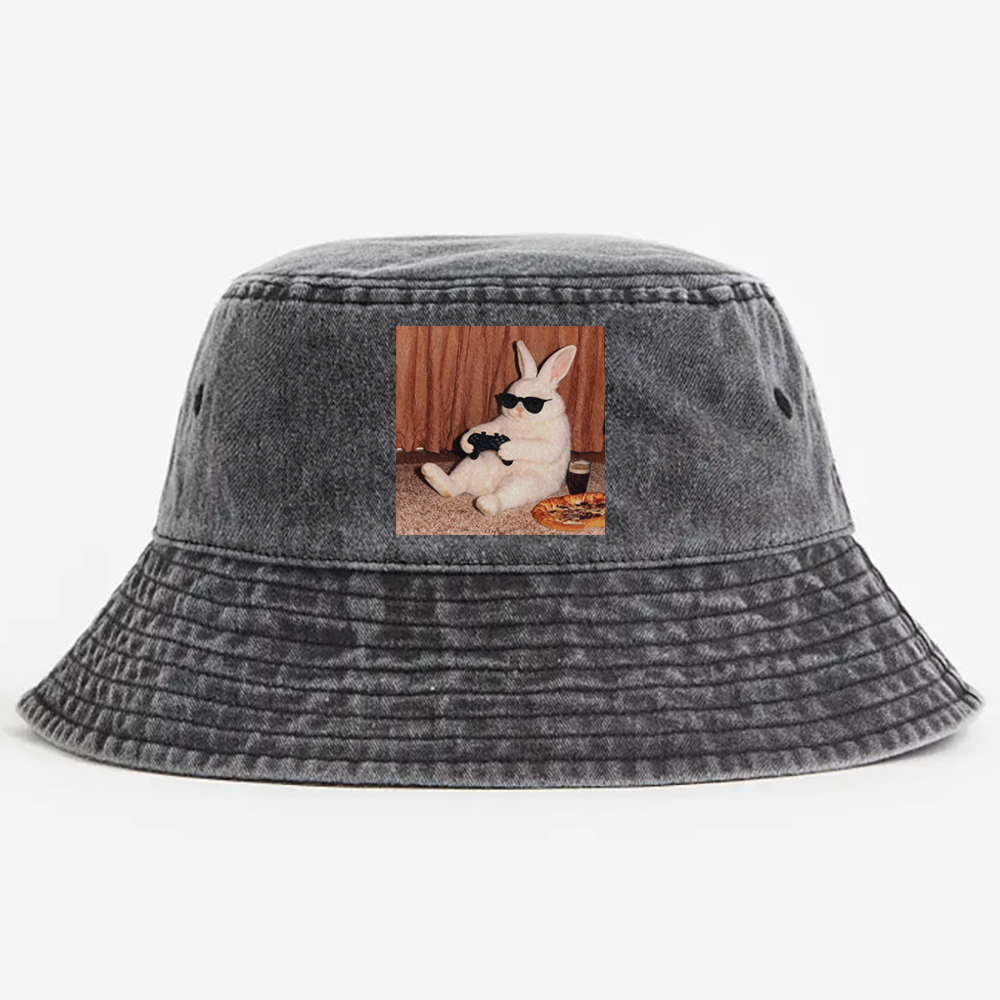 Gamer Rabbit Playing Video Game Retro Vintage Washed Bucket Hat