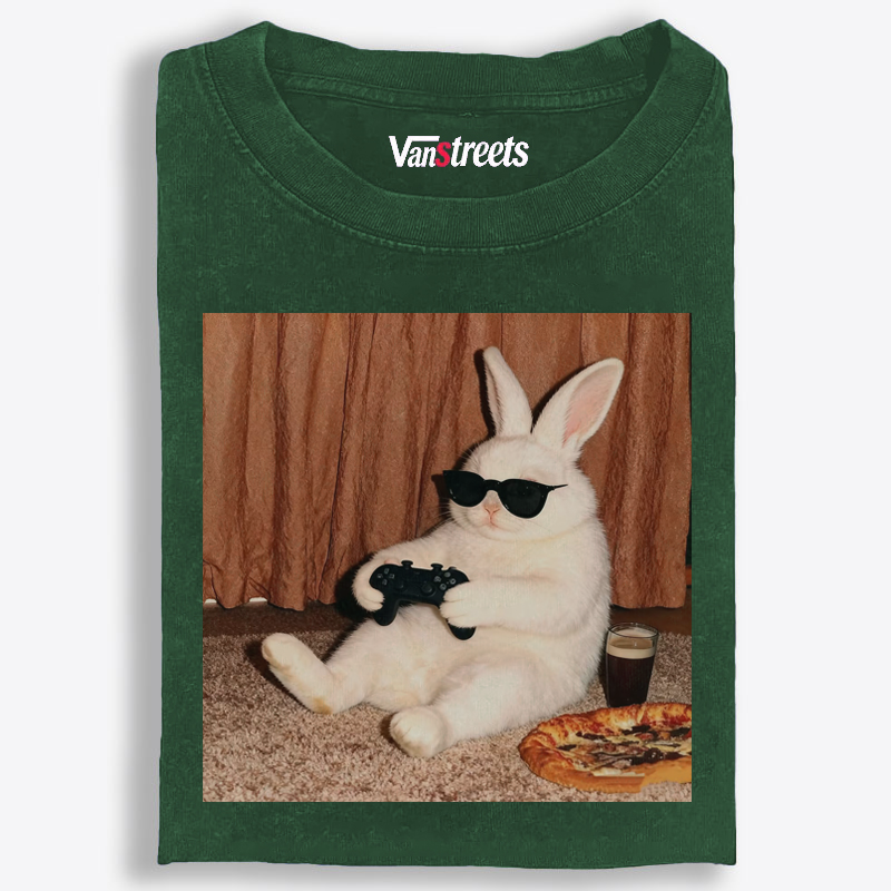 Gamer Rabbit Playing Video Game Retro Washed T-Shirt | 100% Cotton | Streetwear Essential