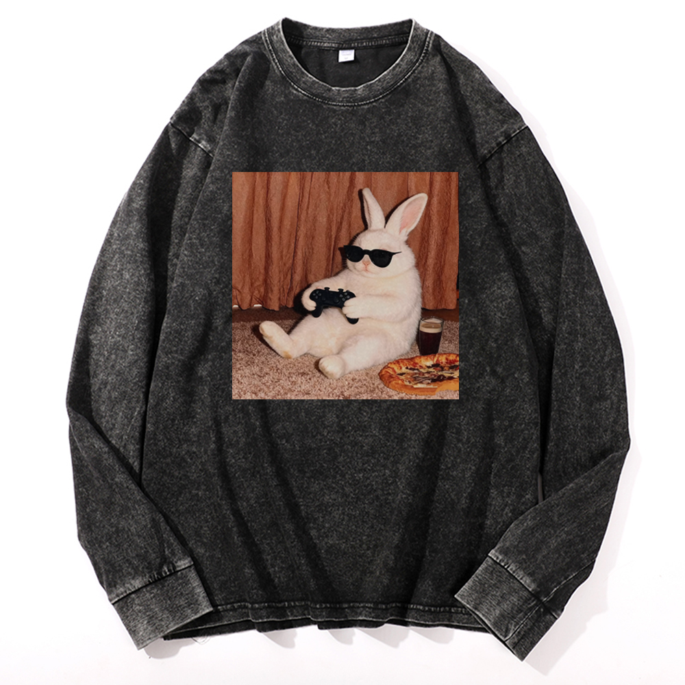 Gamer Rabbit Playing Video Game Retro Washed Long Sleeve T-Shirt