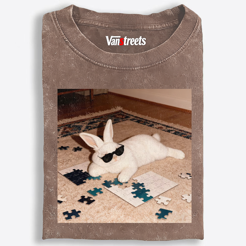 Rabbit Doing Puzzle Procrastinating Retro Washed T-Shirt | 100% Cotton | Streetwear Essential