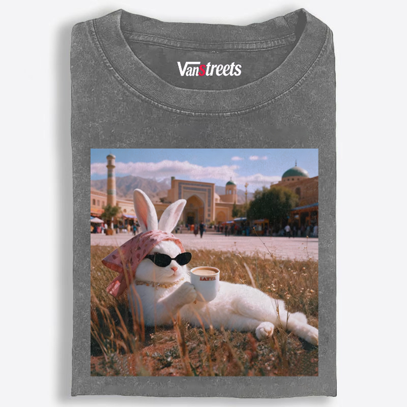 Rabbit Drinking Tea Uyghur Style Retro Washed T-Shirt | 100% Cotton | Streetwear Essential