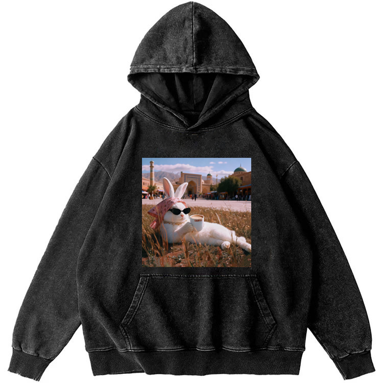 Rabbit Drinking Tea Uyghur Style Retro Washed Hoodie