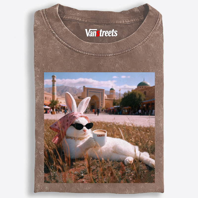 Rabbit Drinking Tea Uyghur Style Retro Washed T-Shirt | 100% Cotton | Streetwear Essential