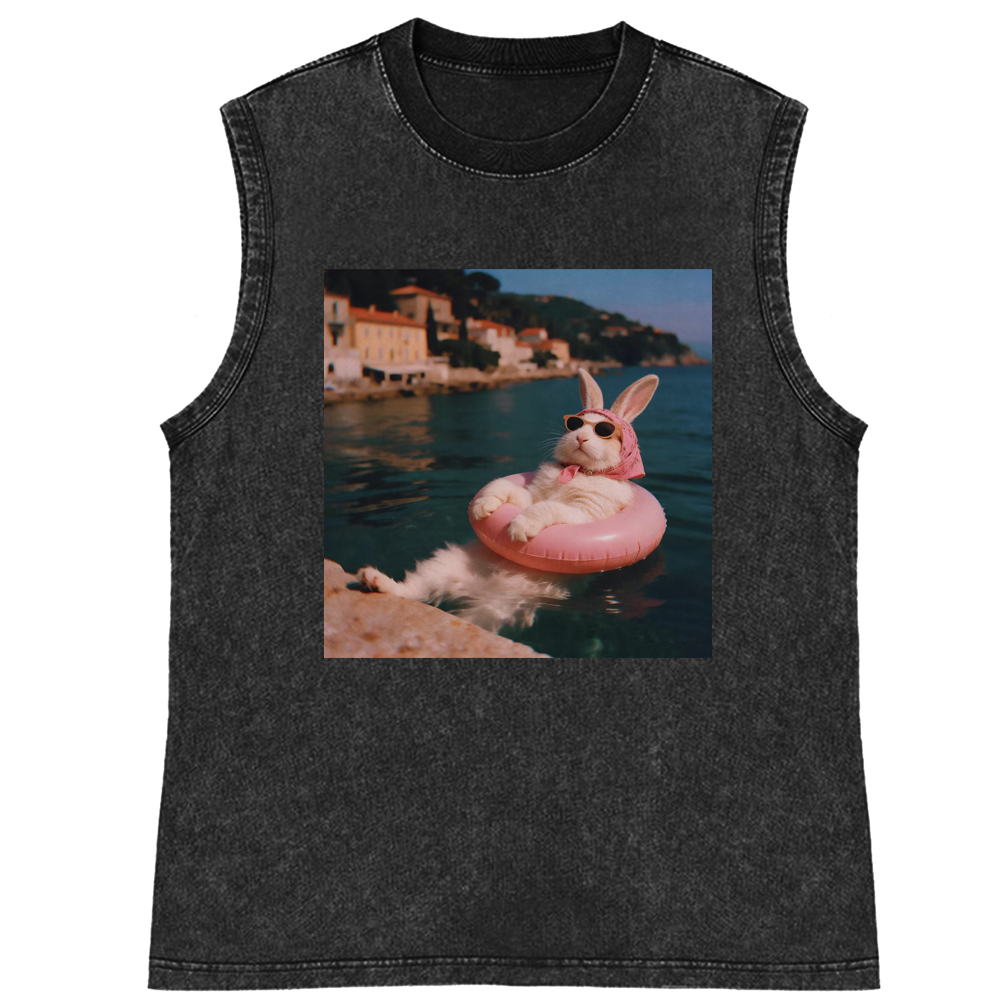 Rabbit On Vacation Swimming Ring Retro Washed Tank Top