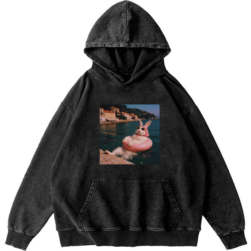 Rabbit On Vacation Swimming Ring Retro Washed Hoodie