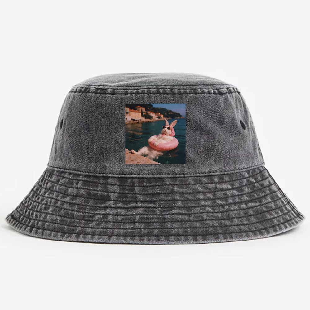 Rabbit On Vacation Swimming Ring Retro Vintage Washed Bucket Hat