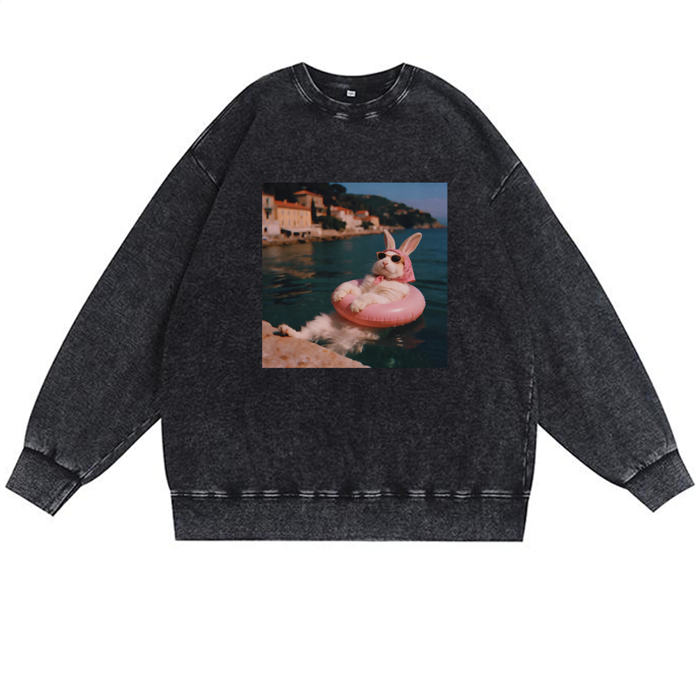 Rabbit On Vacation Swimming Ring Retro Premium Washed Cotton Crewneck Sweatshirt