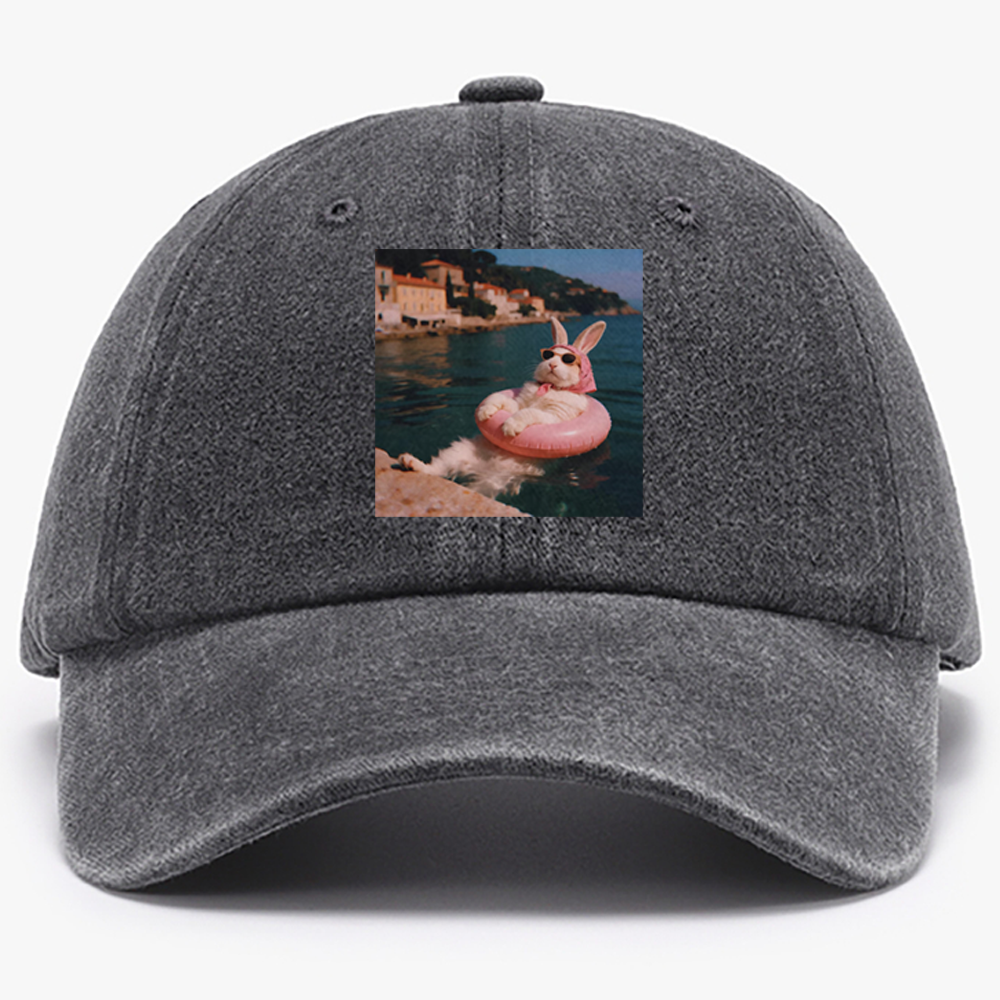 Rabbit On Vacation Swimming Ring Retro Washed Baseball Cap