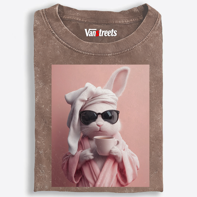 Bunny in Bathrobe Morning Coffee Retro Washed T-Shirt | 100% Cotton | Streetwear Essential
