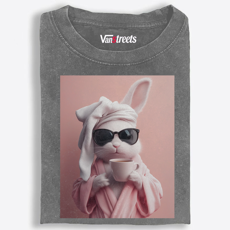 Bunny in Bathrobe Morning Coffee Retro Washed T-Shirt | 100% Cotton | Streetwear Essential