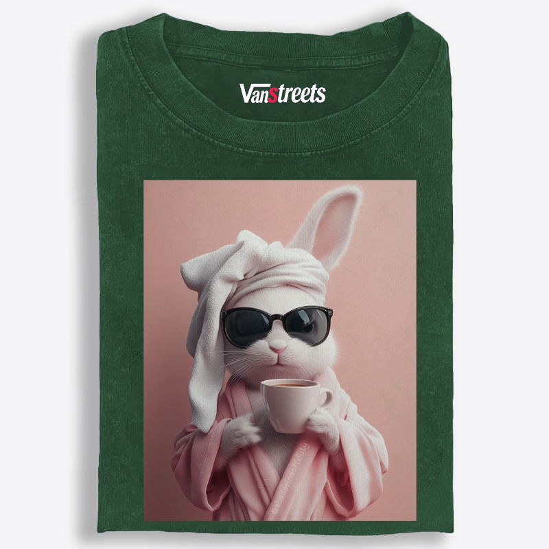 Bunny in Bathrobe Morning Coffee Retro Washed T-Shirt | 100% Cotton | Streetwear Essential