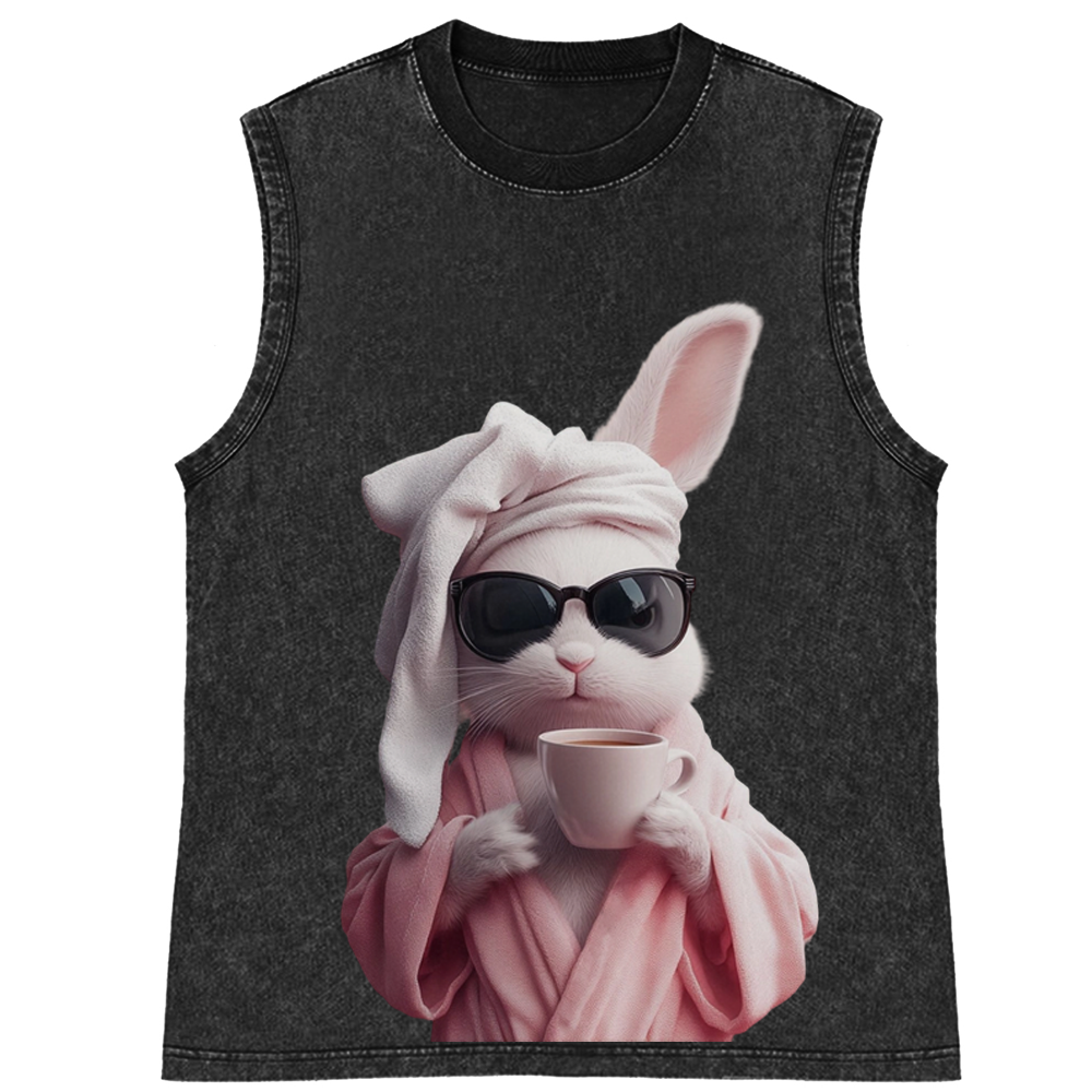 Bunny in Bathrobe Morning Coffee Retro Washed Tank Top