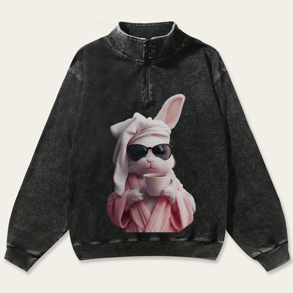 Bunny in Bathrobe Morning Coffee Retro Washed Zip-Up Mock Neck Sweatshirt