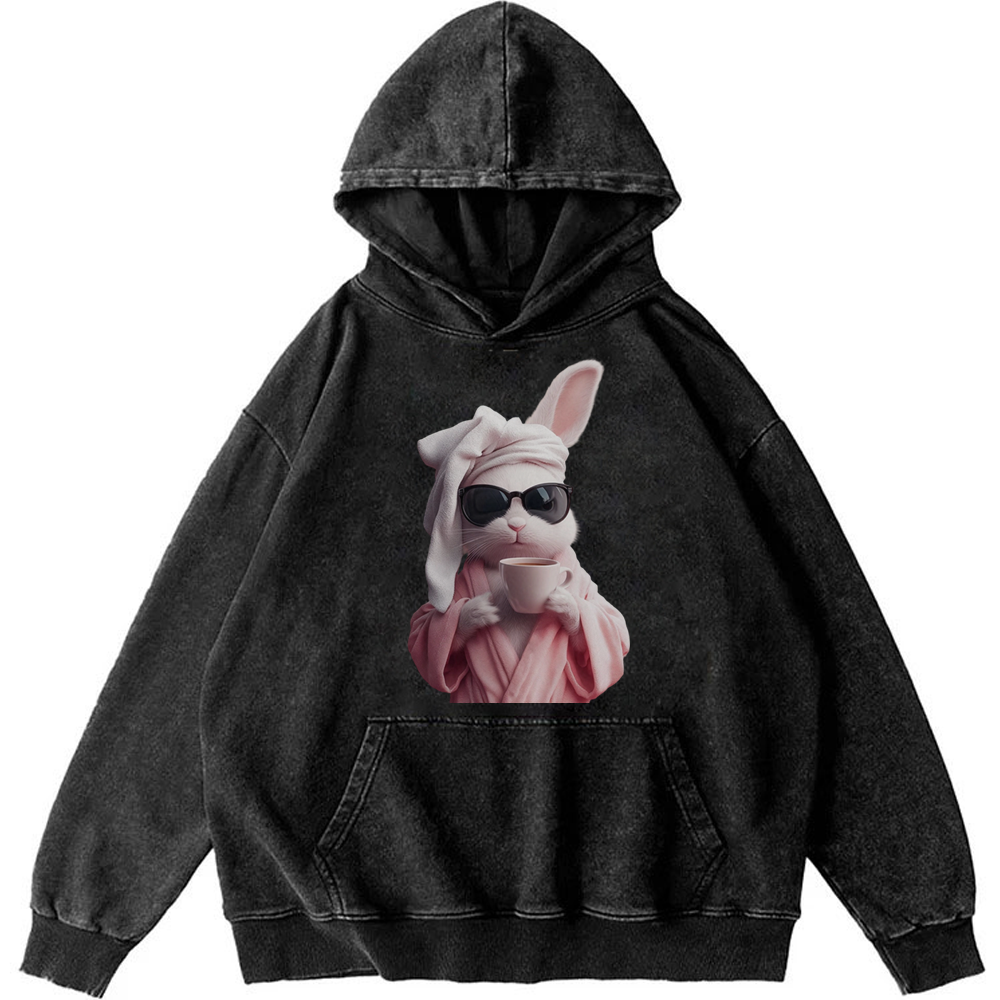 Bunny in Bathrobe Morning Coffee Retro Washed Hoodie