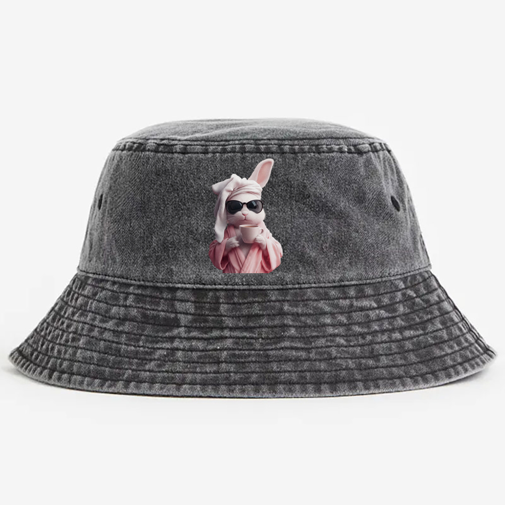 Bunny in Bathrobe Morning Coffee Retro Vintage Washed Bucket Hat