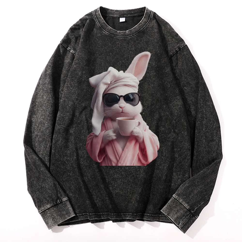 Bunny in Bathrobe Morning Coffee Retro Washed Long Sleeve T-Shirt