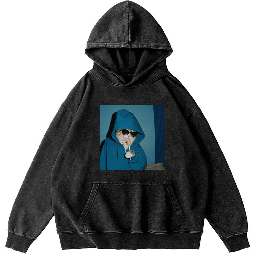 Hoodie Cat with Lollipop Cool Guy Retro Washed Hoodie