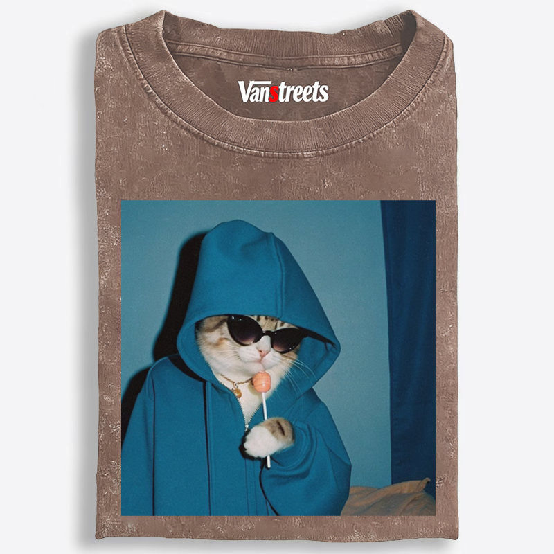 Hoodie Cat with Lollipop Cool Guy Retro Washed T-Shirt | 100% Cotton | Streetwear Essential