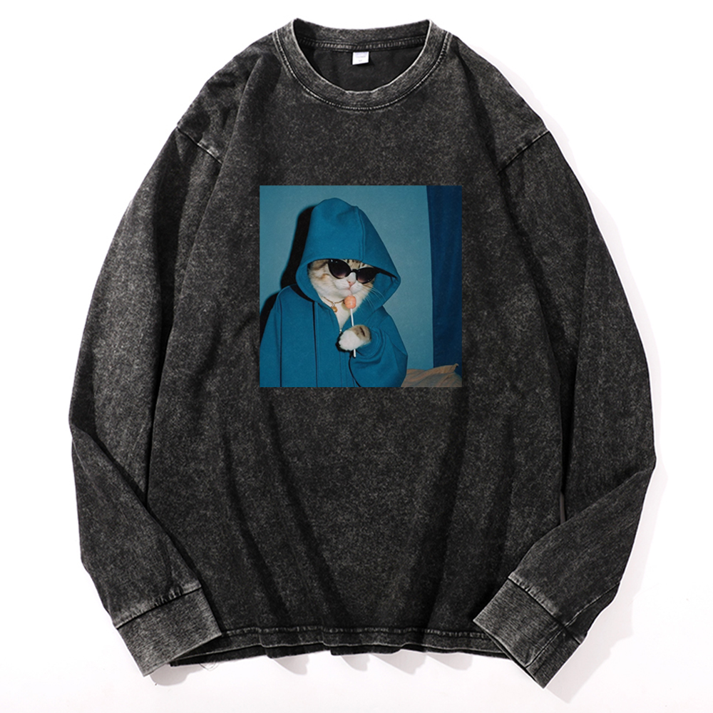 Hoodie Cat with Lollipop Cool Guy Retro Washed Long Sleeve T-Shirt
