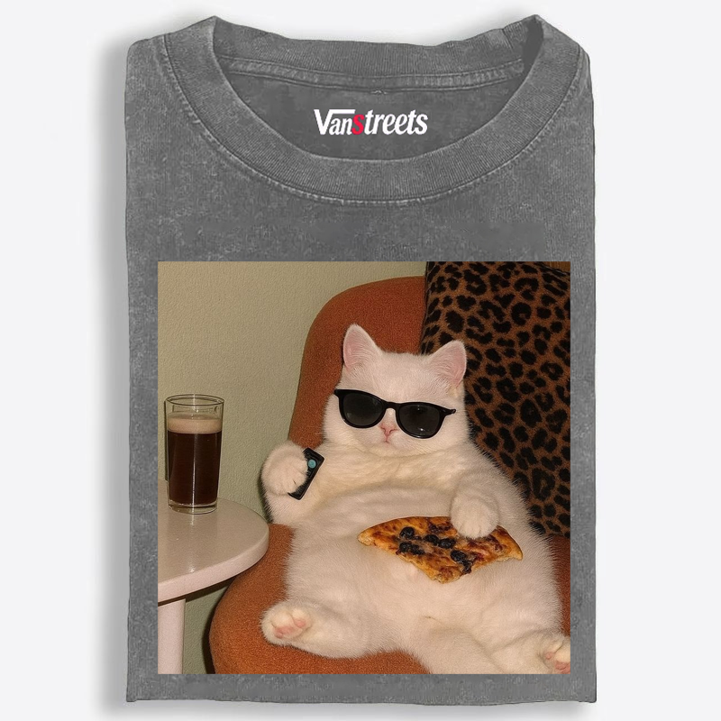 Lazy Cat Pizza & Beer Couch Potato Retro Washed T-Shirt | 100% Cotton | Streetwear Essential