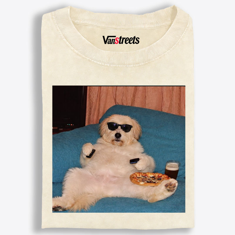 Chill Dog With Pizza Beer Remote Control Meme Retro Washed T-Shirt | 100% Cotton | Streetwear Essential