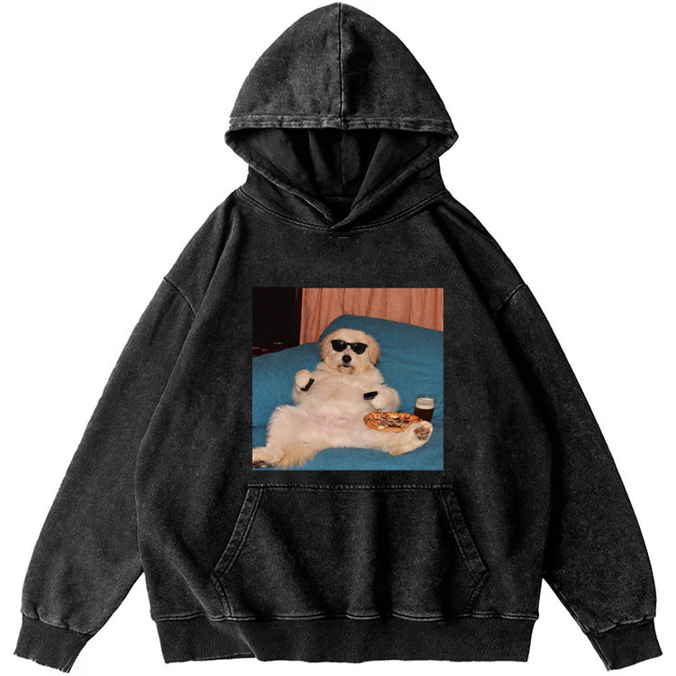 Chill Dog With Pizza Beer Remote Control Meme Retro Washed Hoodie