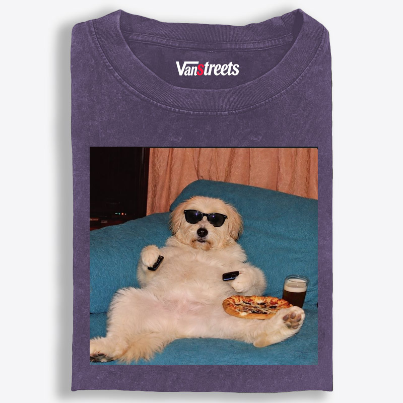 Chill Dog With Pizza Beer Remote Control Meme Retro Washed T-Shirt | 100% Cotton | Streetwear Essential