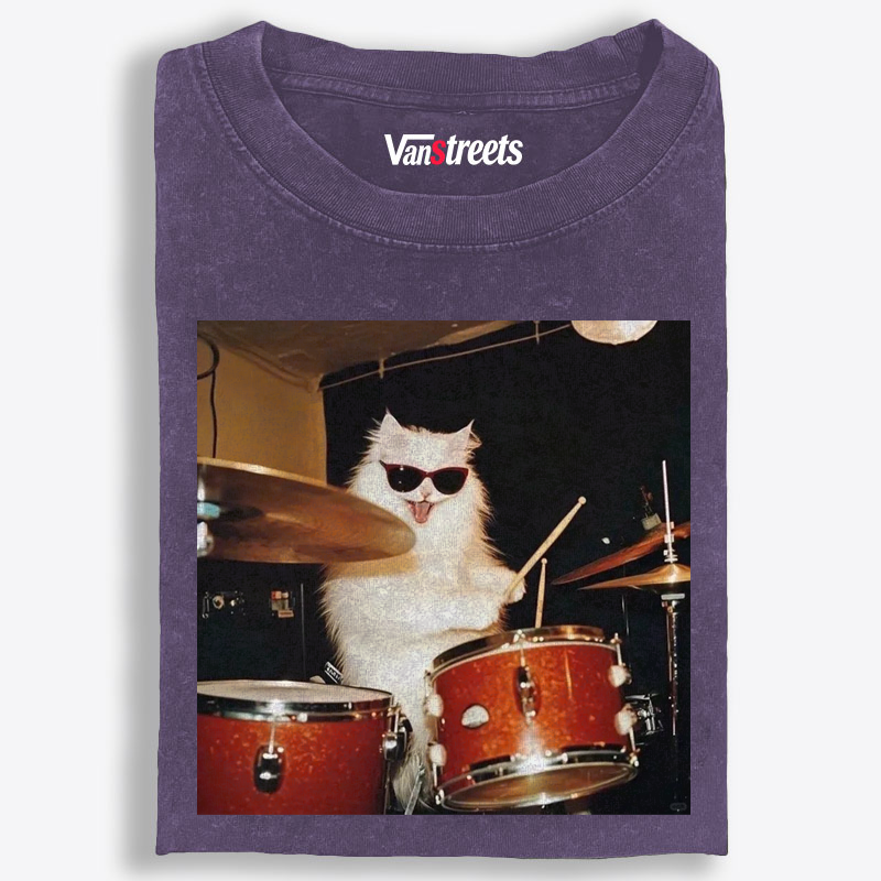 Rock And Roll Cat Drummer Meme Retro Washed T-Shirt | 100% Cotton | Streetwear Essential