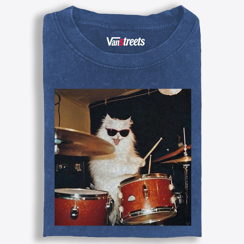 Rock And Roll Cat Drummer Meme Retro Washed T-Shirt | 100% Cotton | Streetwear Essential