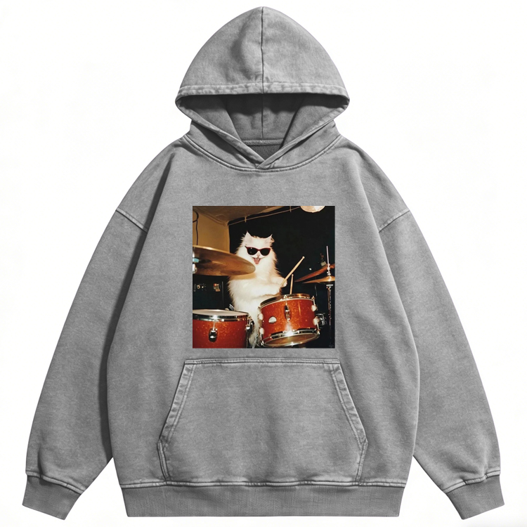 Rock And Roll Cat Drummer Meme Retro Washed Hoodide