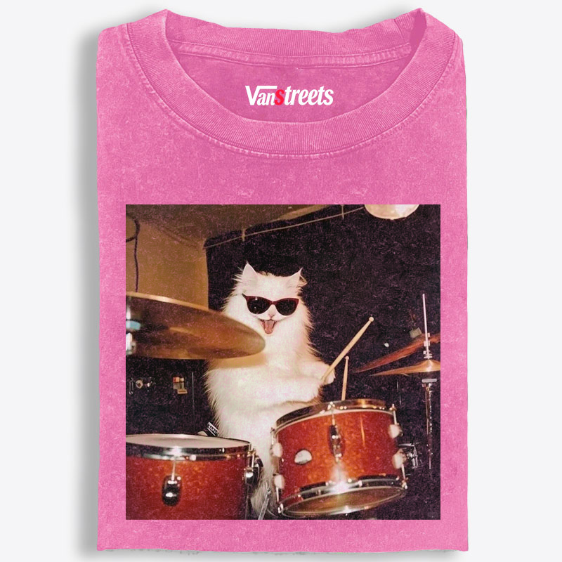 Rock And Roll Cat Drummer Meme Retro Washed T-Shirt | 100% Cotton | Streetwear Essential