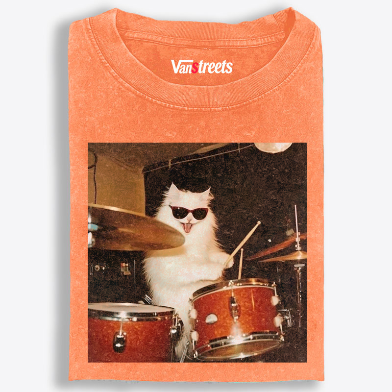 Rock And Roll Cat Drummer Meme Retro Washed T-Shirt | 100% Cotton | Streetwear Essential