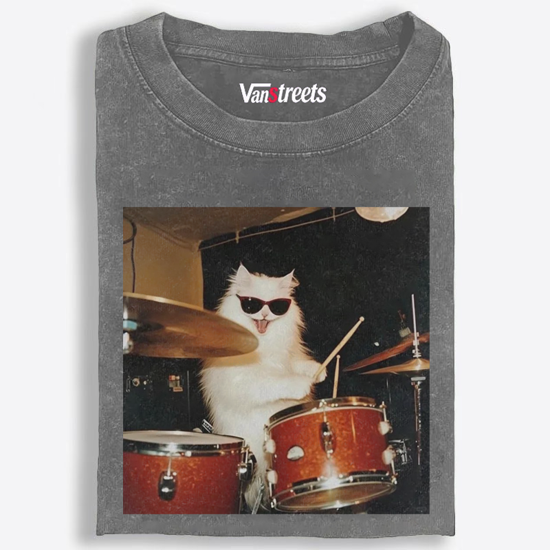 Rock And Roll Cat Drummer Meme Retro Washed T-Shirt | 100% Cotton | Streetwear Essential