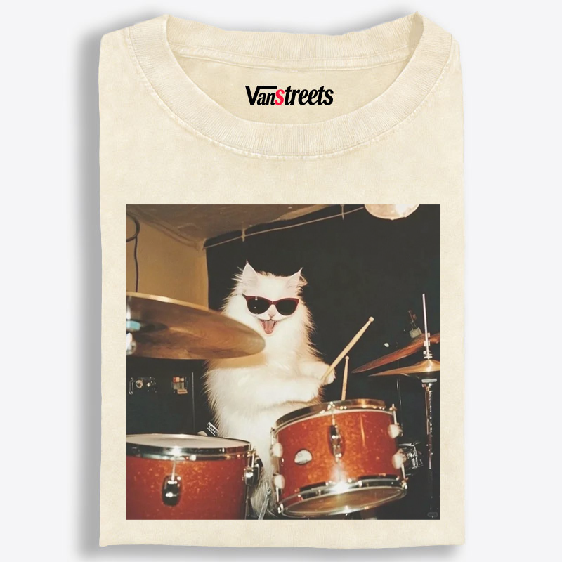Rock And Roll Cat Drummer Meme Retro Washed T-Shirt | 100% Cotton | Streetwear Essential