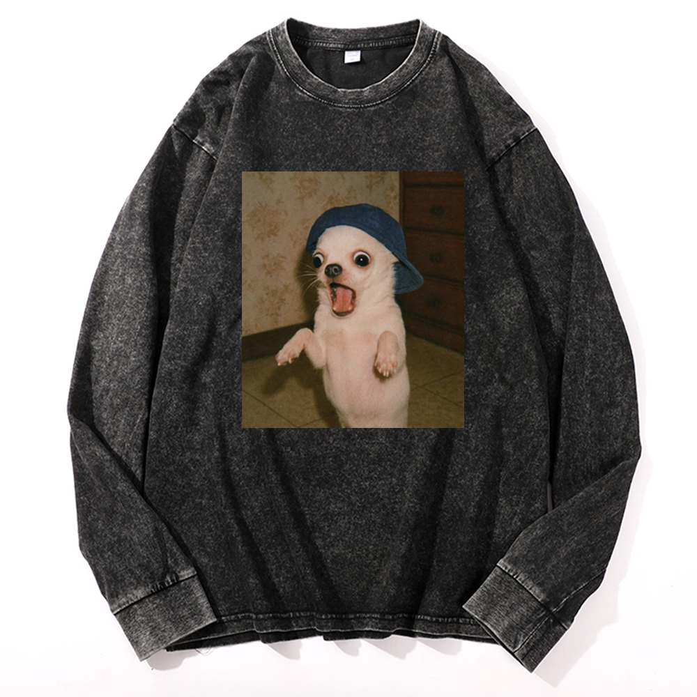 Surprised Chihuahua Meme Retro Washed Long Sleeve T-Shirt