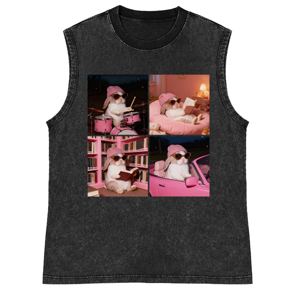 Cool Bunny 4-Panel Life Meme Retro Washed Tank Top