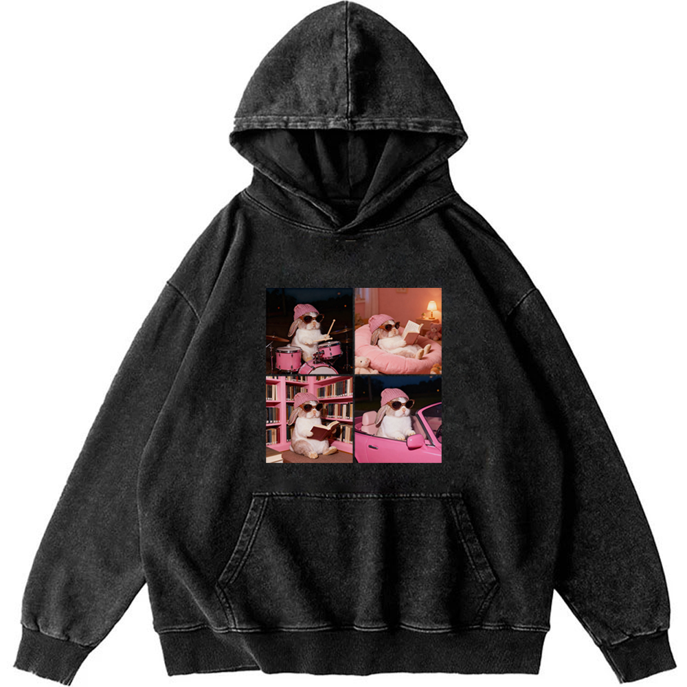 Cool Bunny 4-Panel Life Meme Retro Washed Hoodie