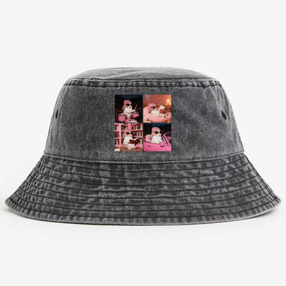 Cool Bunny 4-Panel Life Meme Retro Vintage Washed Bucket Hat