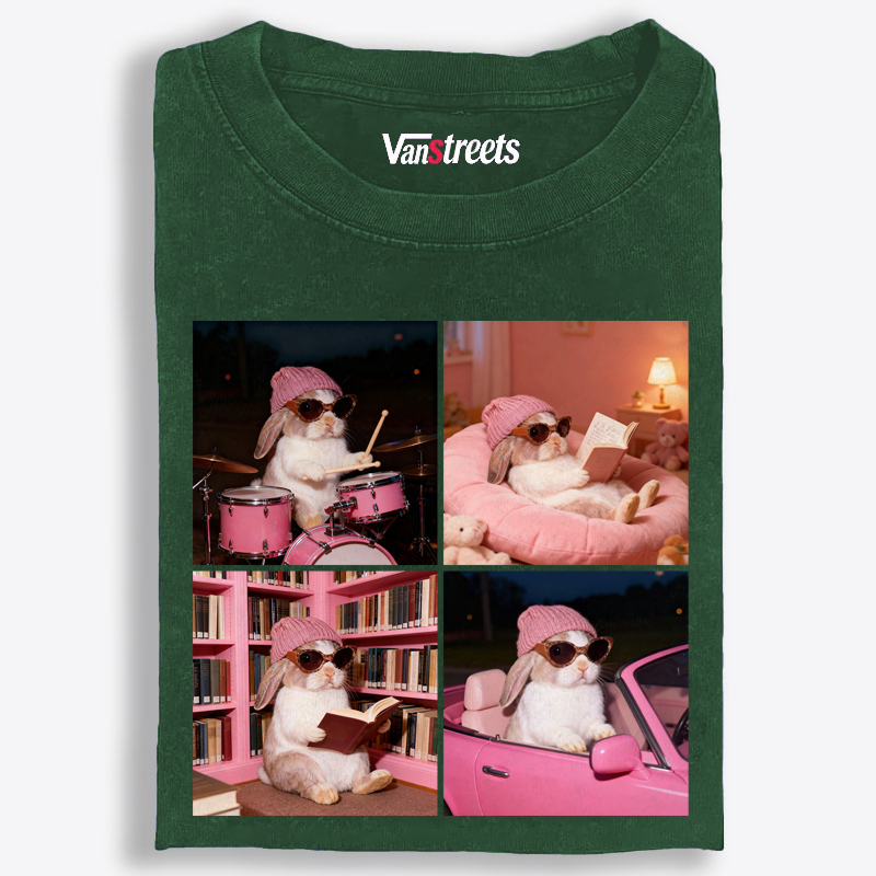 Cool Bunny 4-Panel Life Meme Retro Washed T-Shirt | 100% Cotton | Streetwear Essential