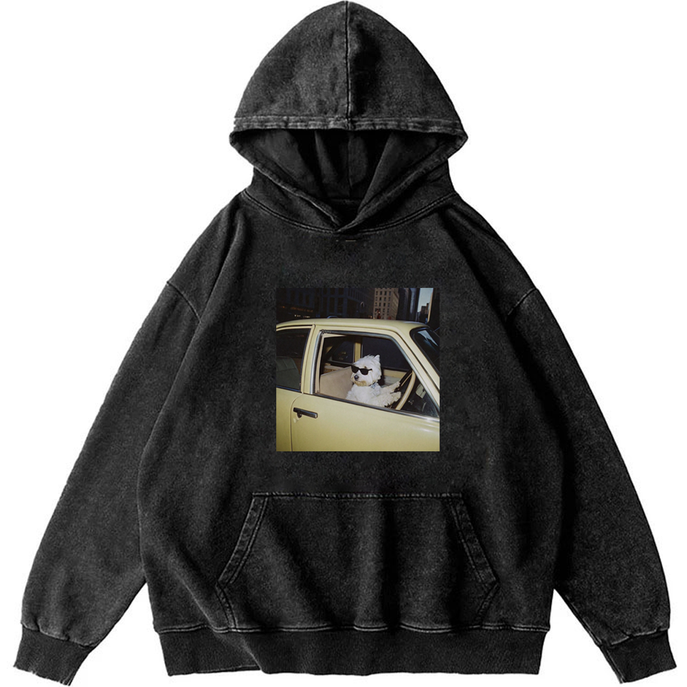 West Highland Terrier Driving Vintage Car Meme Retro Washed Hoodie