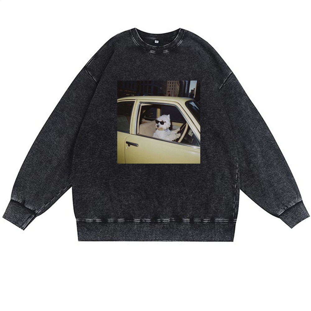 West Highland Terrier Driving Vintage Car Meme Retro Premium Washed Cotton Crewneck Sweatshirt