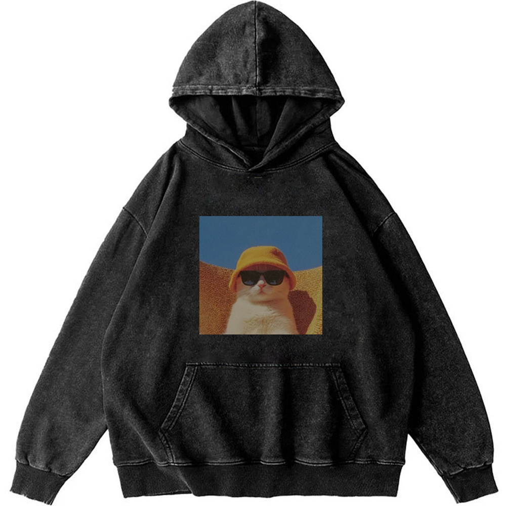 Cool Cat In Yellow Bucket Hat Streetwear Retro Washed Hoodie