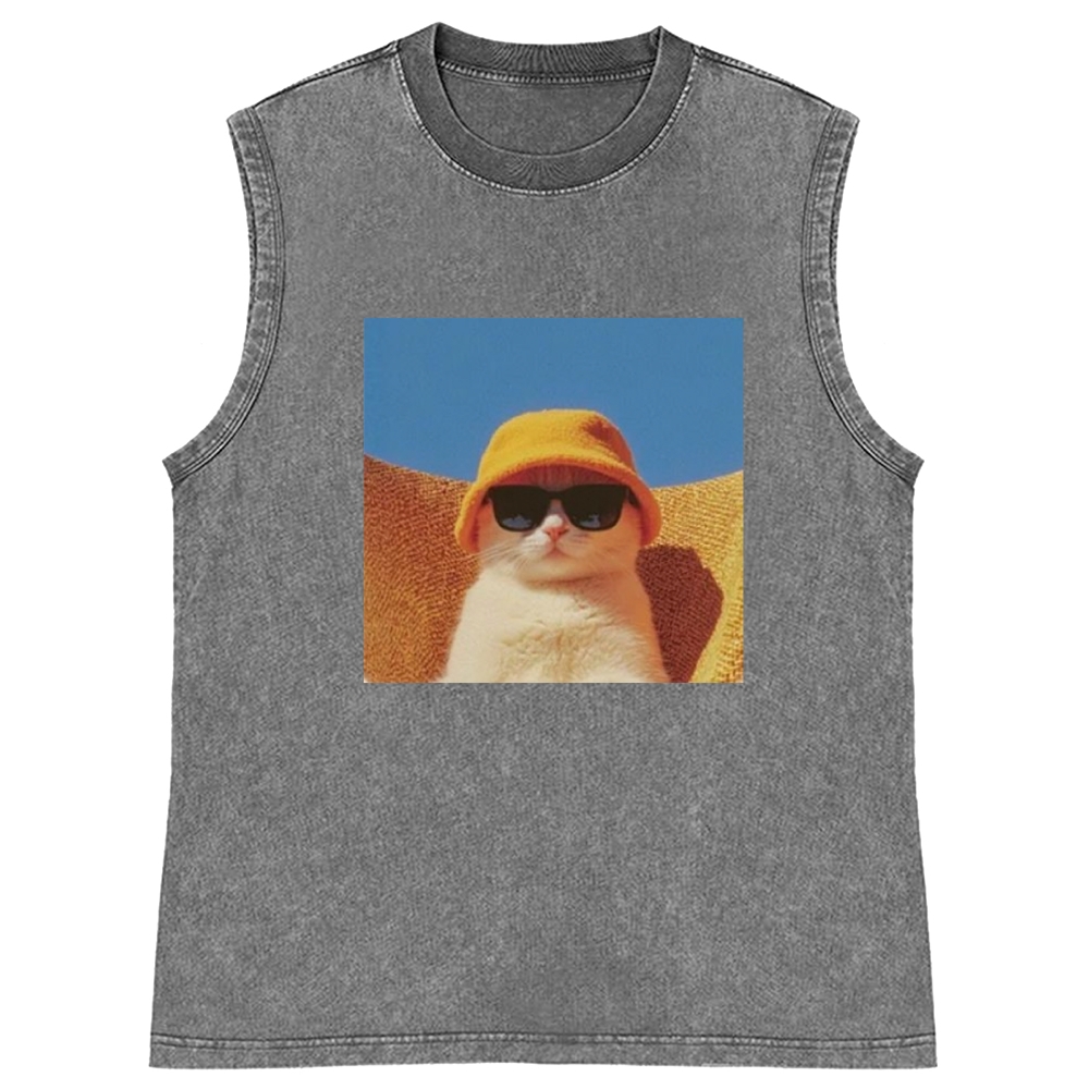 Cool Cat In Yellow Bucket Hat Streetwear Retro Washed Tank Top