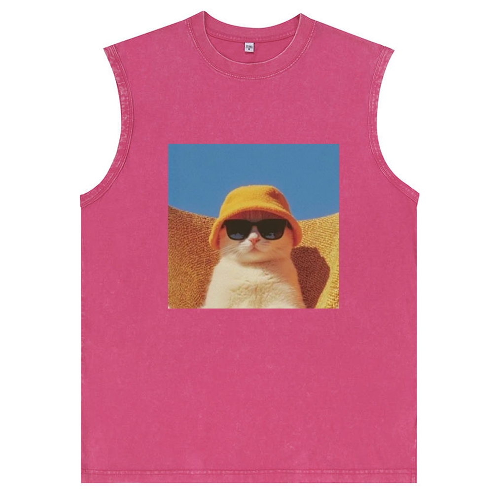 Cool Cat In Yellow Bucket Hat Streetwear Retro Washed Tank Top