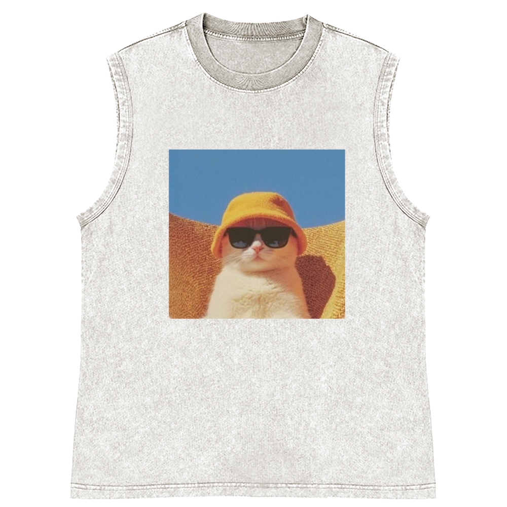 Cool Cat In Yellow Bucket Hat Streetwear Retro Washed Tank Top