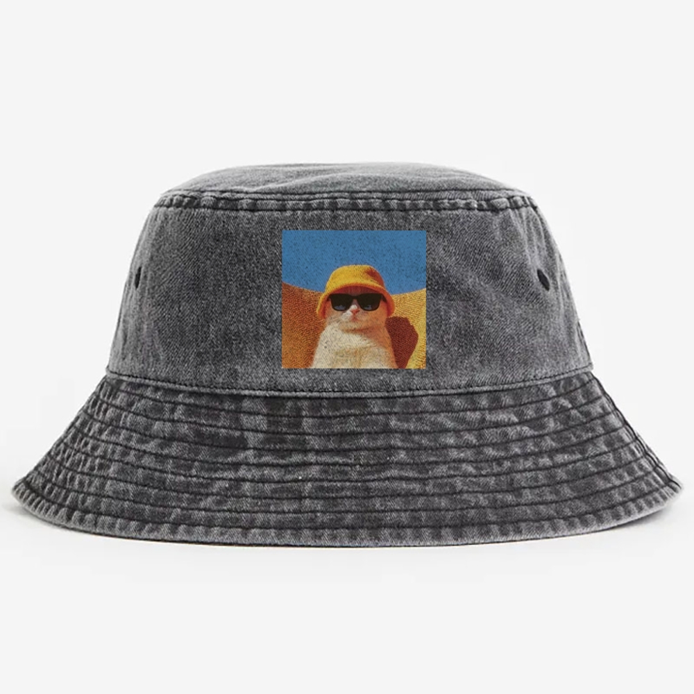 Cool Cat In Yellow Bucket Hat Streetwear Retro Vintage Washed Bucket Hat