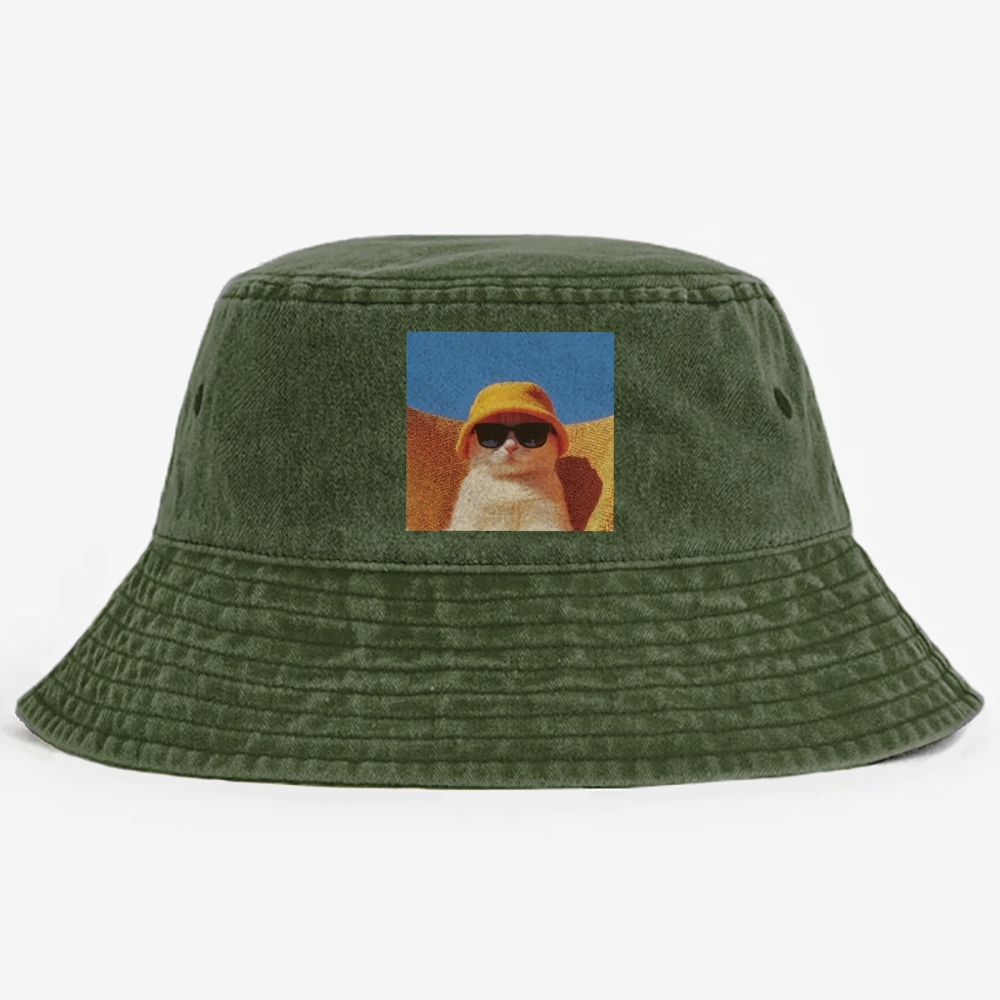 Cool Cat In Yellow Bucket Hat Streetwear Retro Vintage Washed Bucket Hat