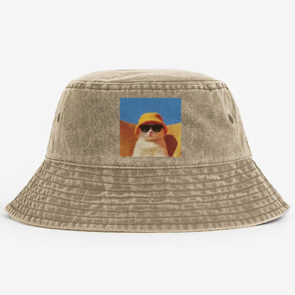 Cool Cat In Yellow Bucket Hat Streetwear Retro Vintage Washed Bucket Hat