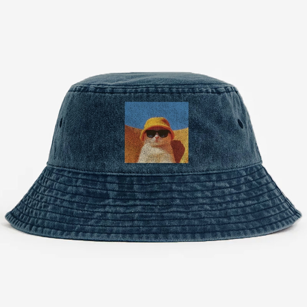 Cool Cat In Yellow Bucket Hat Streetwear Retro Vintage Washed Bucket Hat