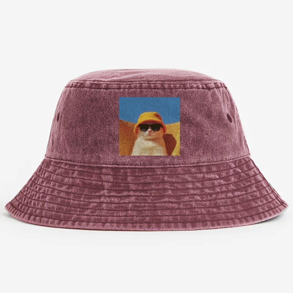 Cool Cat In Yellow Bucket Hat Streetwear Retro Vintage Washed Bucket Hat